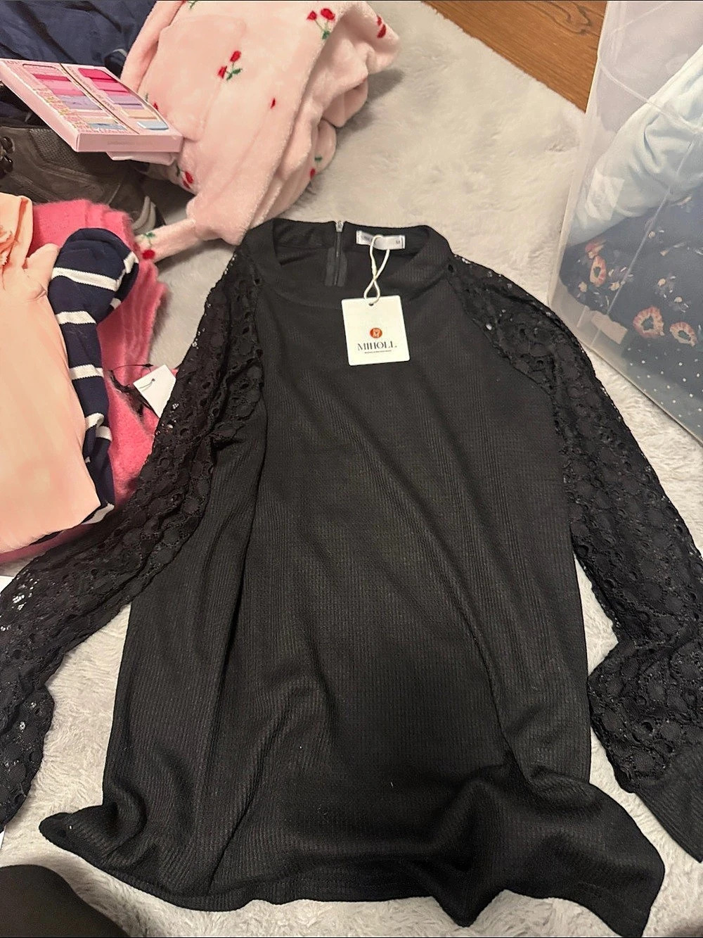 MIHOLL Women's Long Sleeve Lace Casual Loose Blouse Black Medium